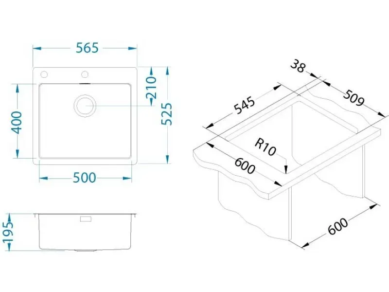 Мойка PURE 70 KMB-90 565X525 в компл. с сифоном 1127252(1122385) Брашированная сталь