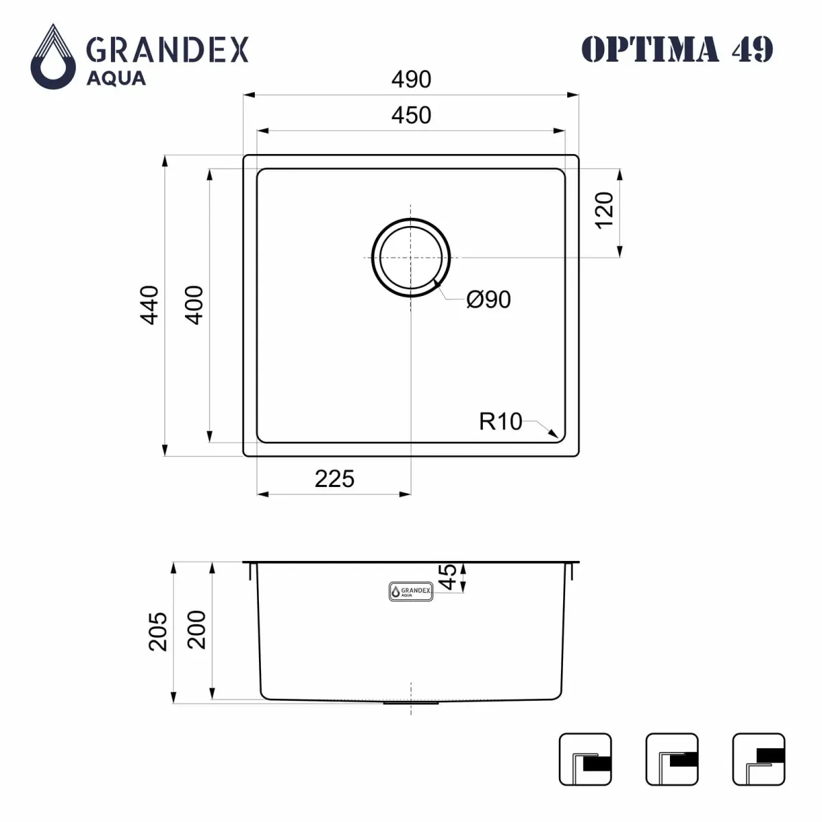 Мойка Grandex Aqua OPTIMA 49, 490х440х200, (5010862) ANTHRACITE