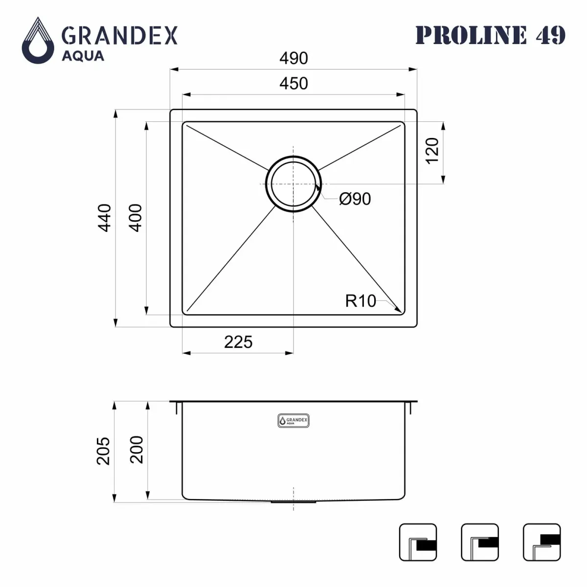 Мойка Grandex Aqua PROLINE 49, 490х440х200, (5040603) GOLD