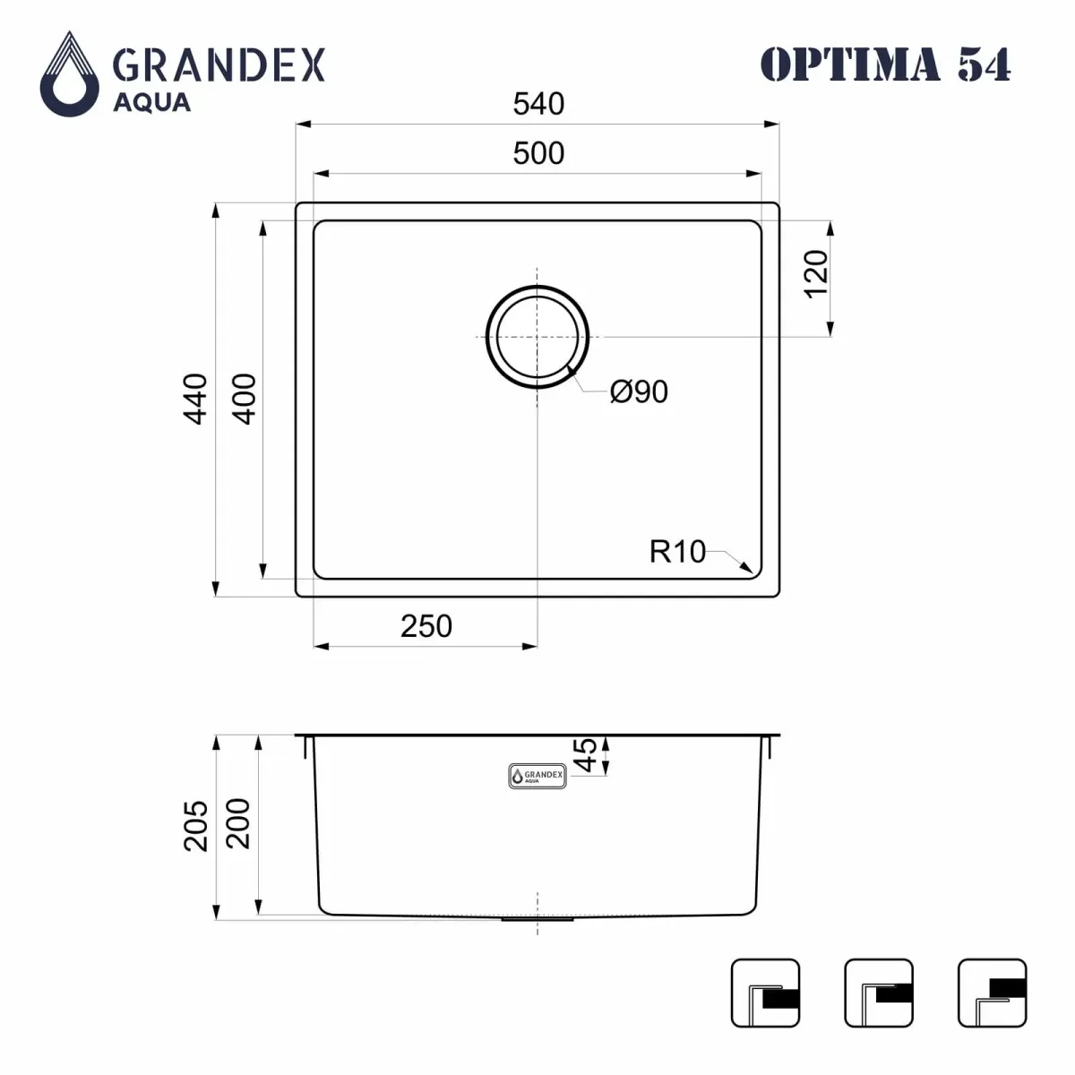 Мойка Grandex Aqua OPTIMA 54, 540х440х200, (5011363) ANTHRACITE