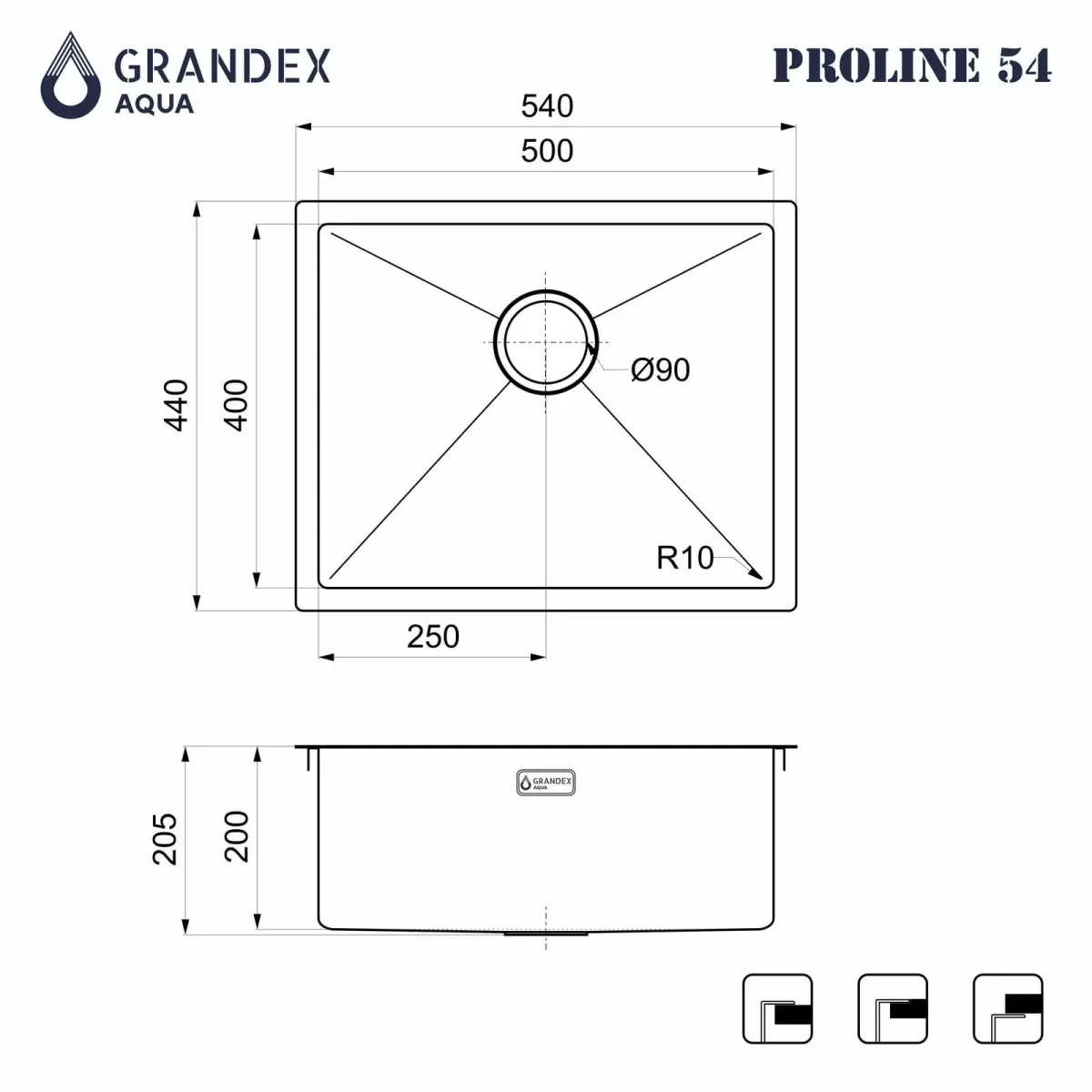 Мойка Grandex Aqua PROLINE 54, 540х440х200, (5041743) ANTHRACITE