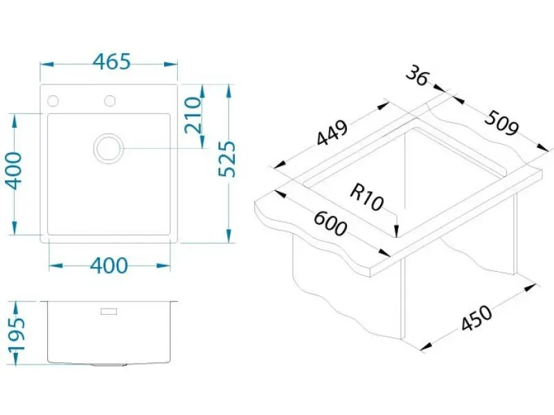 Мойка PURE 20 -90 465X525 в комплекте с сифоном 1127252 (1103608) KMB