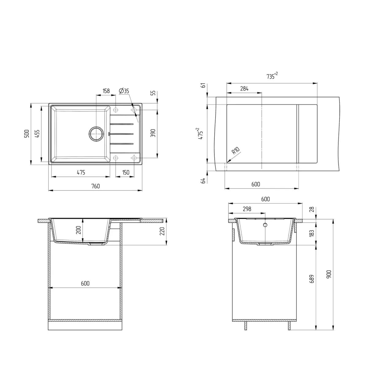 Кухонная мойка Grandex Aqua TOPLINE 76F (600215) CONCRETE