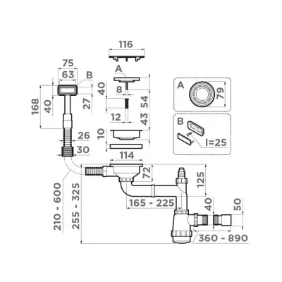 Omoikiri WK-1C-GB Арматура для одночашевых моек с прямоугольным переливом, графит
